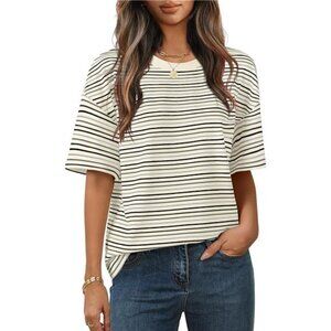 Women's Summer Short Sleeve Shirt Casual Colourful Striped Crewneck